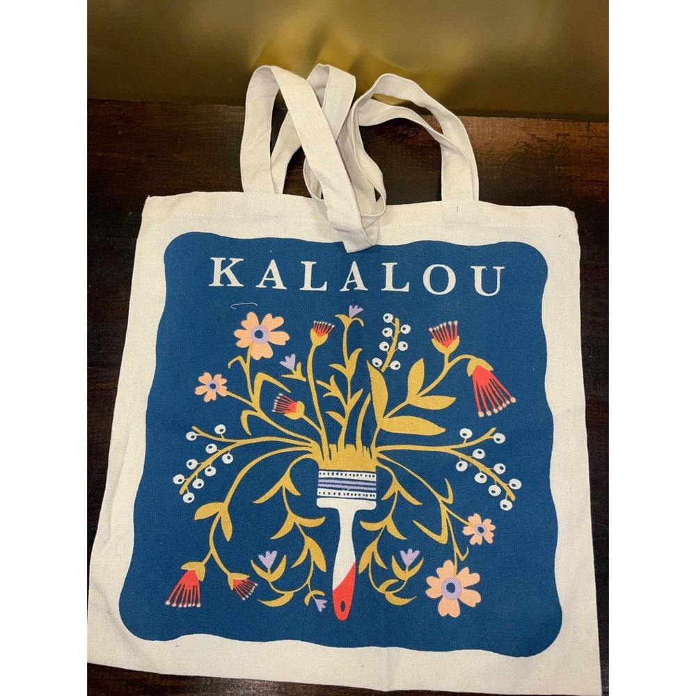 Kalalou Canvas Tote Bag Floral Paintbrush Design‎ Blue White Large